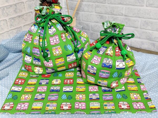 ハンドメイド☆電車のランチ3点セット♪グリーン お弁当袋 コップ袋 ランチョンマット ハンドメイド