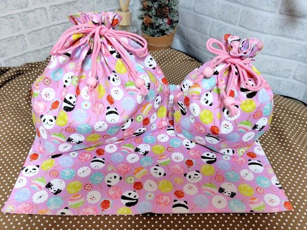 ハンドメイド☆ふわふわパンダさんとわたあめの可愛いランチ3点セット☆ ハンドメイド お弁当袋 ランチョンマット コップ袋