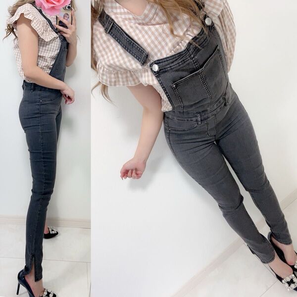 コーデセット*着画*DRESKIP H&M ブラックデニムサロペット シャツ