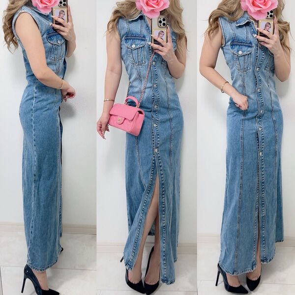 美品*ZARA*デニムロングワンピース フロントスリット ノースリーブ 着画