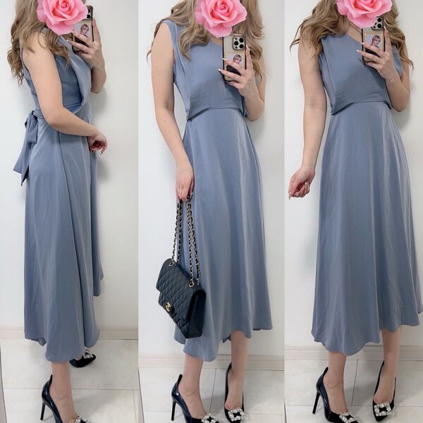 アサクラ*着用画像*バックリボン&プリーツドッキングロングドレス ワンピース
