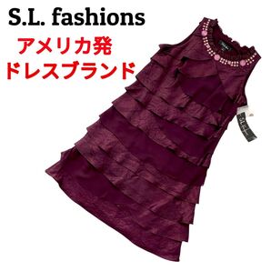 アメリカブランド!S.L. fashions ビジュー装飾 パーティードレス ワンピース ノースリーブ パープル