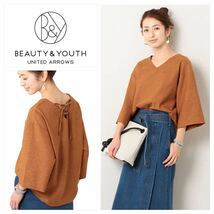 BEAUTY&YOUTH ビューティ＆ユース ユナイテッドアローズ　 BY∴ リネンタッチレースアップ6分袖プルオーバー 手洗い可　20619_画像1