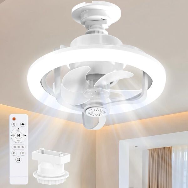 天井照明 LED シーリングファンライト 自動首振り リモコン付き E26 空気循環 DCモーター 省エネ 扇風機 小型 静音