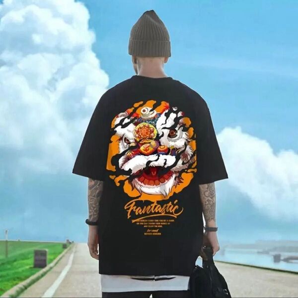 【新品】オーバーサイズ 半袖Tシャツ 獅子 炎ストリートカジュアル 2XL ブラック 通気性 春夏秋 男女兼用