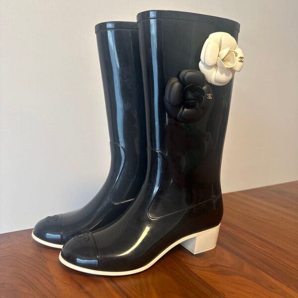 【CHANEL】シャネル カメリア レインブーツ 長靴 36 ラバー 雨靴 ロングブーツ ブーツ 防水 レインシューズ