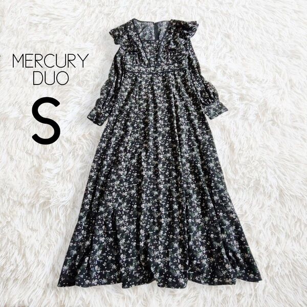MERCURYDUO マーキュリーデュオ ワンピース S ブラック 黒 花柄 総柄 長袖 ロング ミディ ミモレ インナー付き