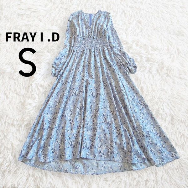 FRAY I.D フレイアイディ/ワンピース S ブルー 花柄 総柄 長袖 ロング ミディ ミモレ フレア Vネック くるみボタン