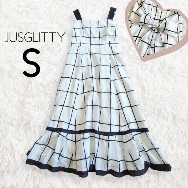 JUSGLITTY ジャスグリッティー キャミソールワンピース ジャンパースカート S チェック 白 ホワイト ロング 総柄