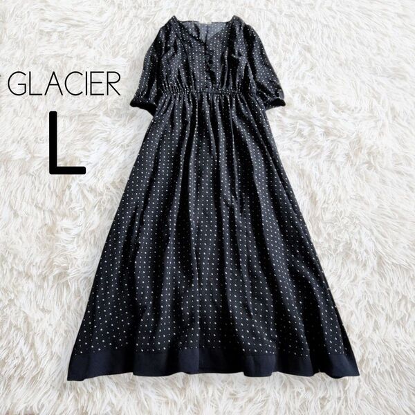 GLACIER グラシア ワンピース L ブラック 黒ネイビー ドット 総柄 7分袖 ロング マキシ フレア くるみボタン