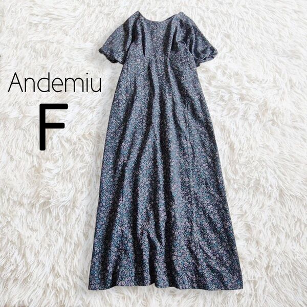 花柄パフスリワンピース Andemiu アンデミュウ ネイビー 紺 ロング マキシ 半袖 総柄 ボリュームスリーブ 上品 綺麗め