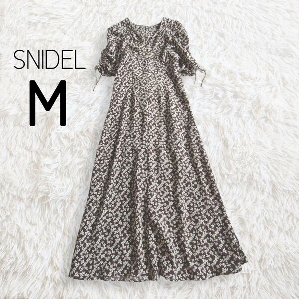 花柄レースアップワンピース ブラウン 茶 M 5分袖 半袖 ロング マキシ フレア 総柄 Vネック/snidel スナイデル