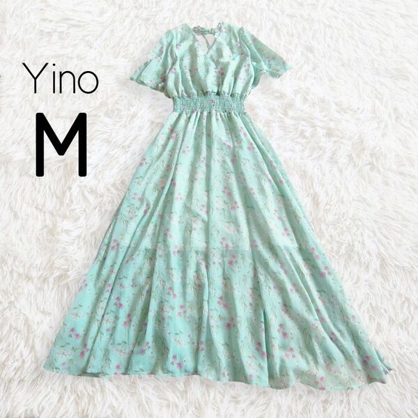 カシュクール花柄ワンピース M ライトブルー 半袖 ロング ミディ ミモレ 半端丈 フレア 総柄 Vネック/Yino イノ