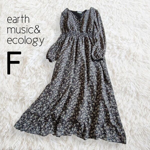 花柄クラシカルロングワンピース 長袖 総柄 フレア ミディ ミモレ 半端丈 Vネック/earth music&ecology