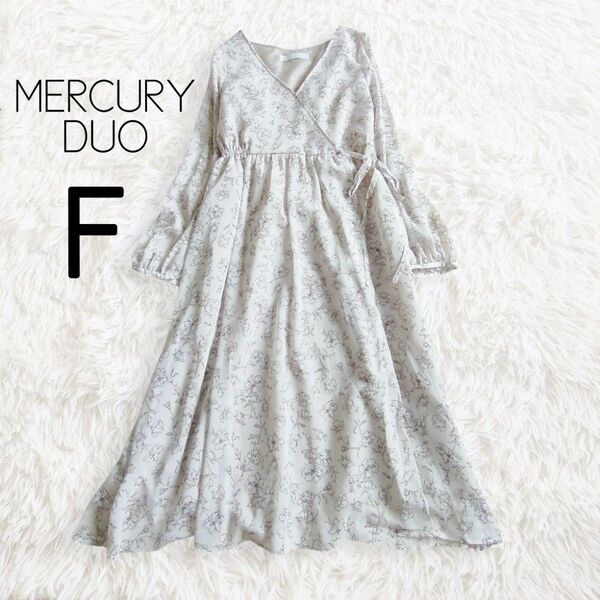 サイドリボンカシュクールワンピース グレー 長袖 楊柳 ロング フレア 総柄 Vネック/MERCURYDUO マーキュリーデュオ