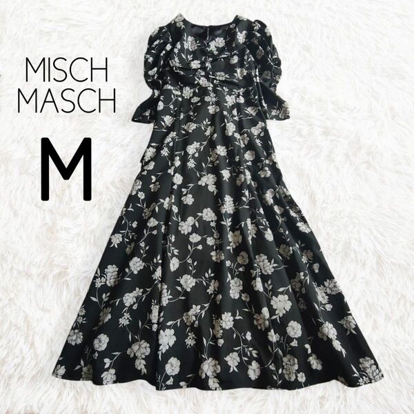 【23AW】花柄レースアップワンピース M ブラック 黒 総柄 ロング 7分袖5分袖/MISCH MASCH ミッシュマッシュ