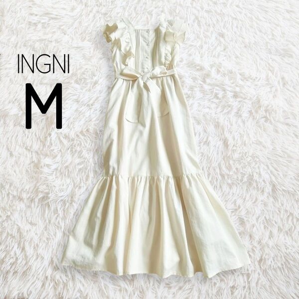 リネンライクワンピース アイボリー M ロング マキシ ティアード リボン 無地 くるみボタン ピンタック/INGNI イング