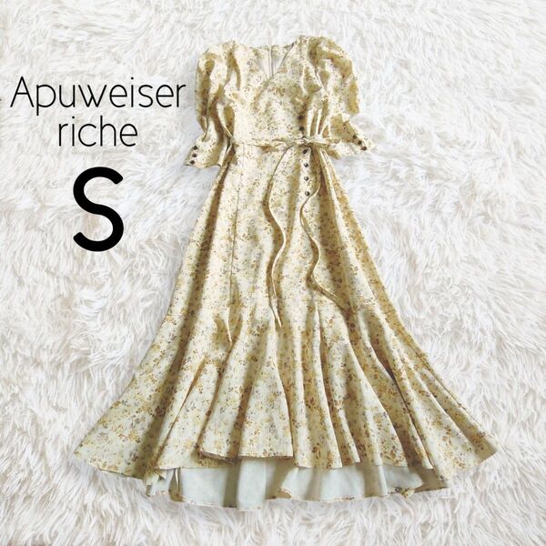 【美品】花柄カシュクールワンピース イエロー S ロング 7分袖 総柄 リボン/Apuweiser-richeアプワイザーリッシェ