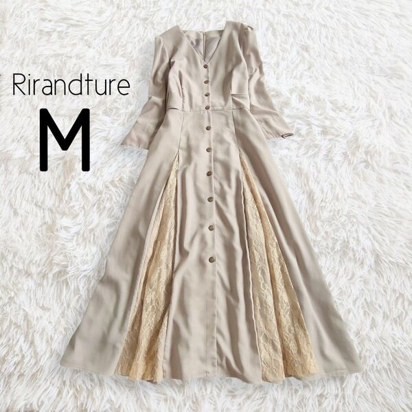マチプリーツフレアワンピース M 7分袖 ロング ミディ ミモレ 無地 モカ グレージュ/Rirandture リランドチュール
