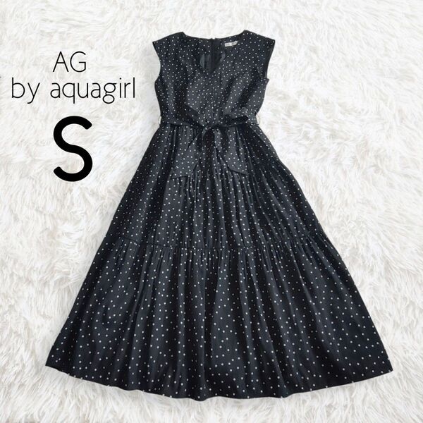 ドットティアードワンピース S ブラック 黒 半袖 ロング 膝下 総柄 /AG by aquagirl エージーバイアクアガール