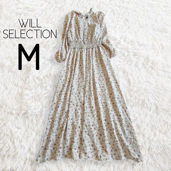 バックリボン花柄ワンピース M ベージュ 7分袖 ロング マキシ 総柄 フレア/WILLSELECTION ウィルセレクション