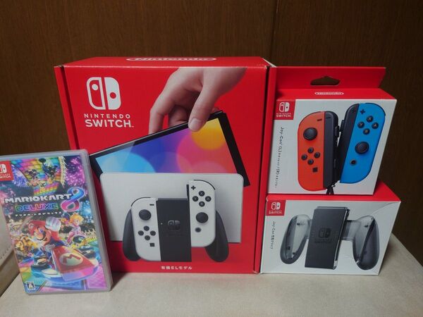 Nintendo Switch 本体 有機ELモデル ホワイト中古+ マリオカート8+ジョイコンネオン青赤+ジョイコン充電グリップ