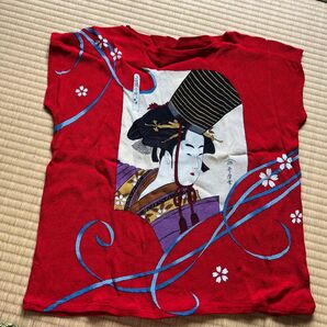 浮世絵風 レディースTシャツ レッド カットソン