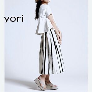 yori ヨリ タックプリーツフレアスカート ストライプ コットン
