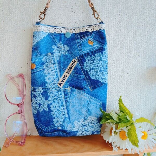 スマホポーチ デニム風ハンドメイド 持ち手なし