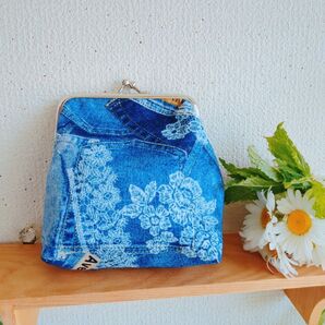 がま口 ポーチデニムレース風 ハンドメイド 小物入れ 財布