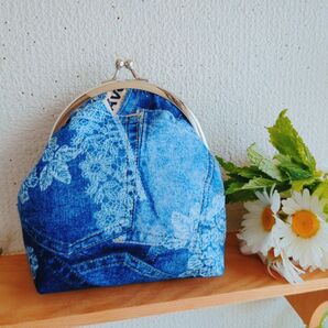 がま口ポーチデニムレース風 ハンドメイド 小物入れ コインケース ポーチ がま口財布リップ入れ 小銭入れ