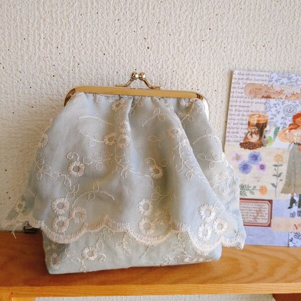 がま口 ポーチレースミントグリーン ハンドメイド 小物入れ