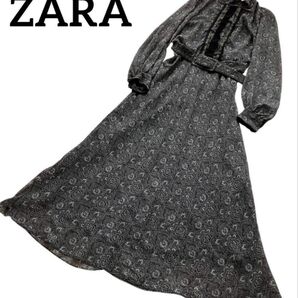 希少 レア ZARA ザラ クラシカル ロング ワンピース ウエスト ベルト 総柄 フレア モノトーン レース ブラック