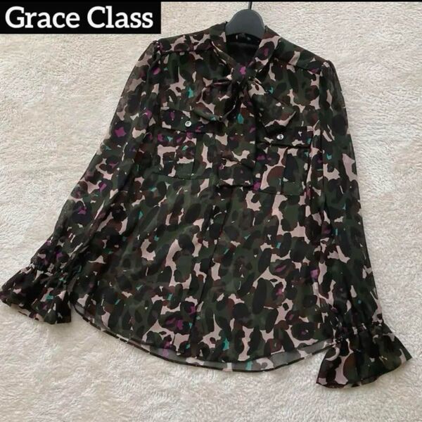 レア グレースコンチネンタル グレースクラス Grace Class 近年モデル 即完 カモフラ シフォン ボウタイ ブラウス