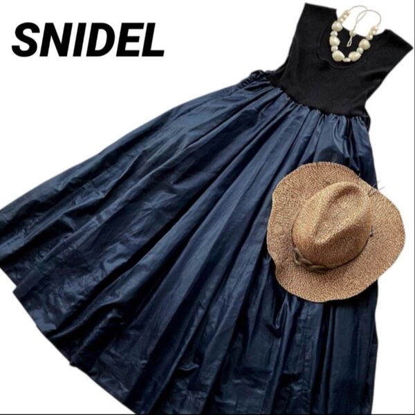 スナイデル SNIDEL 異素材 ドッキング ロング フレア ワンピース ウエストリボン ネイビー サイズ0 S ノースリーブ