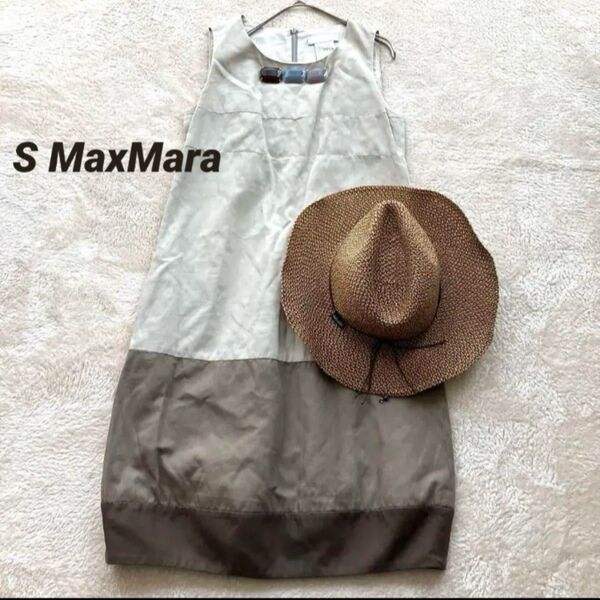 エス マックスマーラ S Max Mara コットン リネン ビジュー ワンピース 38 M ナチュラル ノースリーブ 膝丈