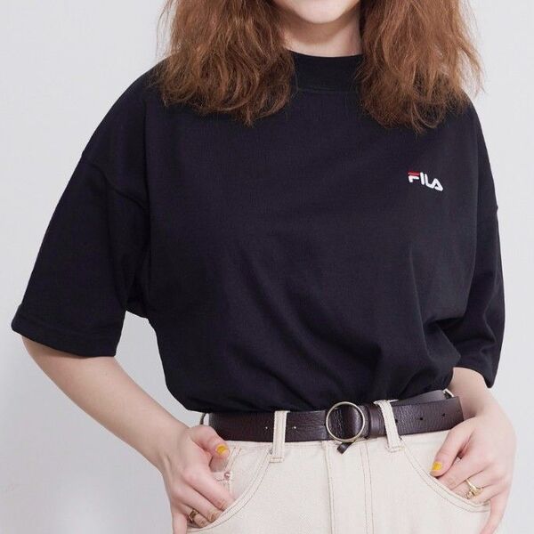 FILA フィラ ワンポイント ブランド ロゴ刺繍 オーバーサイズ ドロップショルダー モックネック 5分袖 Tシャツ L