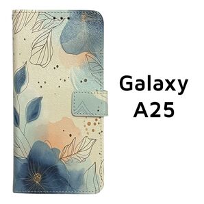 Galaxy A25 5G 青 リーフ柄 手帳ケース