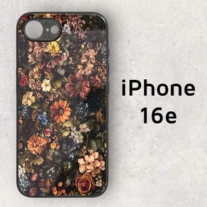 iPhone 16e 黒地 花柄 アンティーク風 カバー コーティング