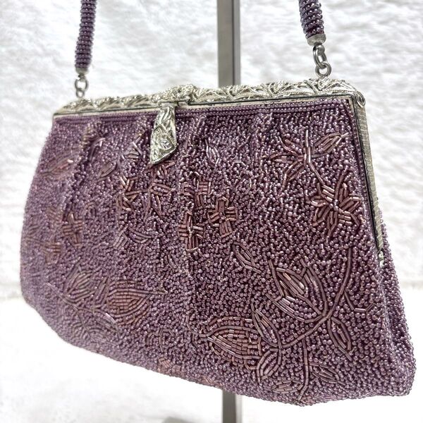 希少品 総ビーズ ハンドバッグ 刺繍ビーズ パープル シルバー 花柄 ビーズバッグ ハンドバッグ 和装バッグ 昭和レトロ