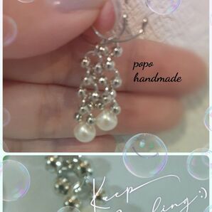 798new ハンドメイド つぶつぶ シルバーメタル すずまる パール 揺れる イヤーカフ 2個セット おしゃれ プチアクセサリー