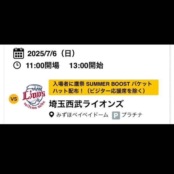 7/6(日) ホークス 西武戦 B指定席 ペアチケット