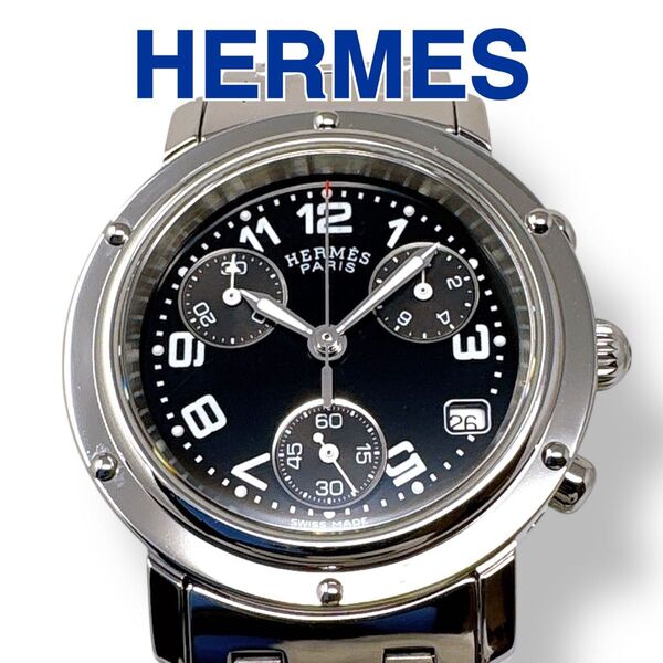 エルメス HERMES クリッパー CL1.310 クロノグラフ ブラック文字盤 黒 シルバー クォーツ デイト レディース 時計