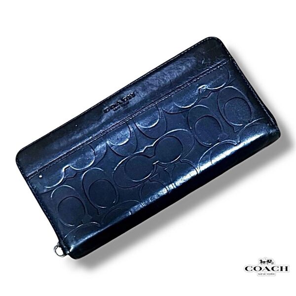 美品 Bランク COACH シグネチャー ラウンドファスナー 長財布 財布 ブラック レディース ブランド コーチ