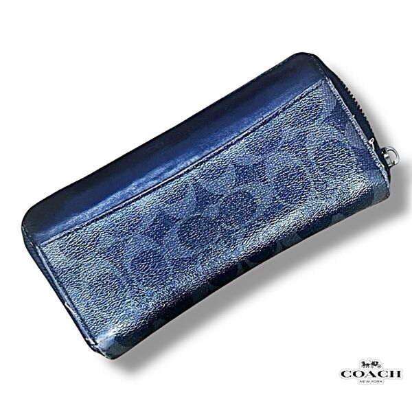 美品 Bランク COACH シグネチャー ラウンドファスナー 長財布 財布 ブラック レディース ブランド コーチ