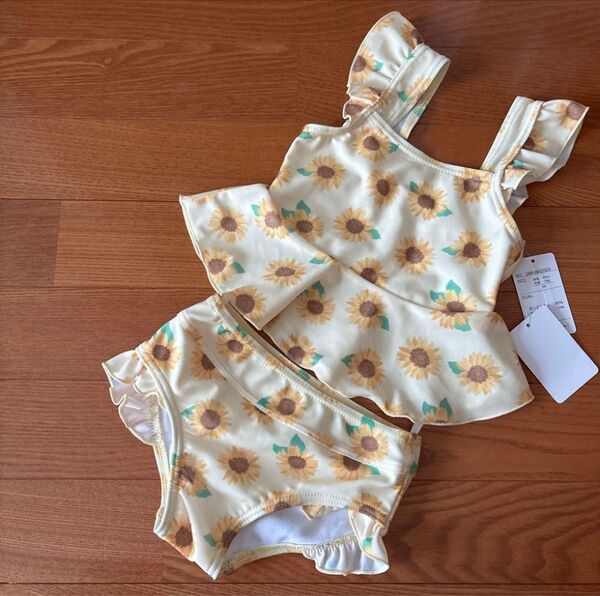新品タグ付 95 ベビー キッズ 水着 ベージュ ひまわり セパレート ビキニ 水着 女の子 スイムウェア 子供 セパレート