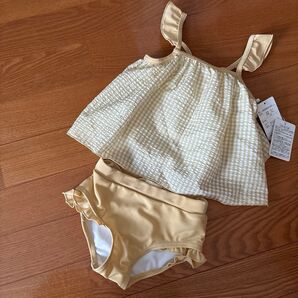 新品タグ付 95 ベビー キッズ 水着 ベージュ ギンガムチェック セパレート ビキニ