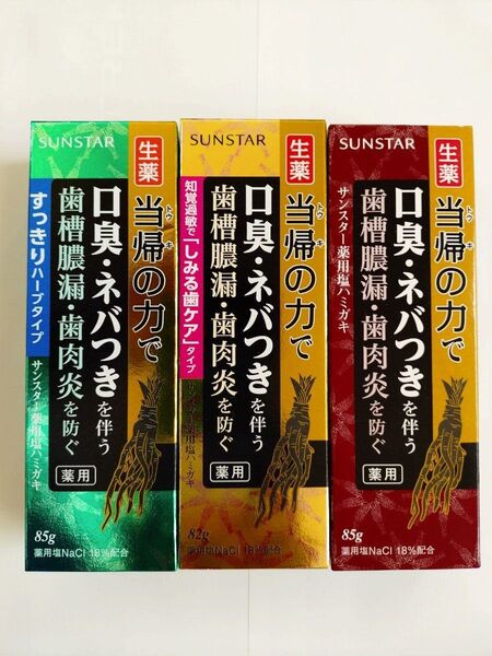 サンスター SUNSTAR 歯磨き粉 薬用塩ハミガキ 当帰のちからで歯槽膿漏を防ぐ 新品未開封 85g×3個(3種類)