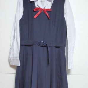 夏紺ジャンパースカート + 白ブラウス 長袖 中学 高校 学生服 コスプレ 6/9~
