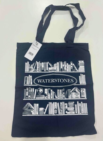 新品未使用☆英国書店WaterstonesトートバッグA4海外エコバッグ本棚ネイビーイギリス ショッピングバッグ